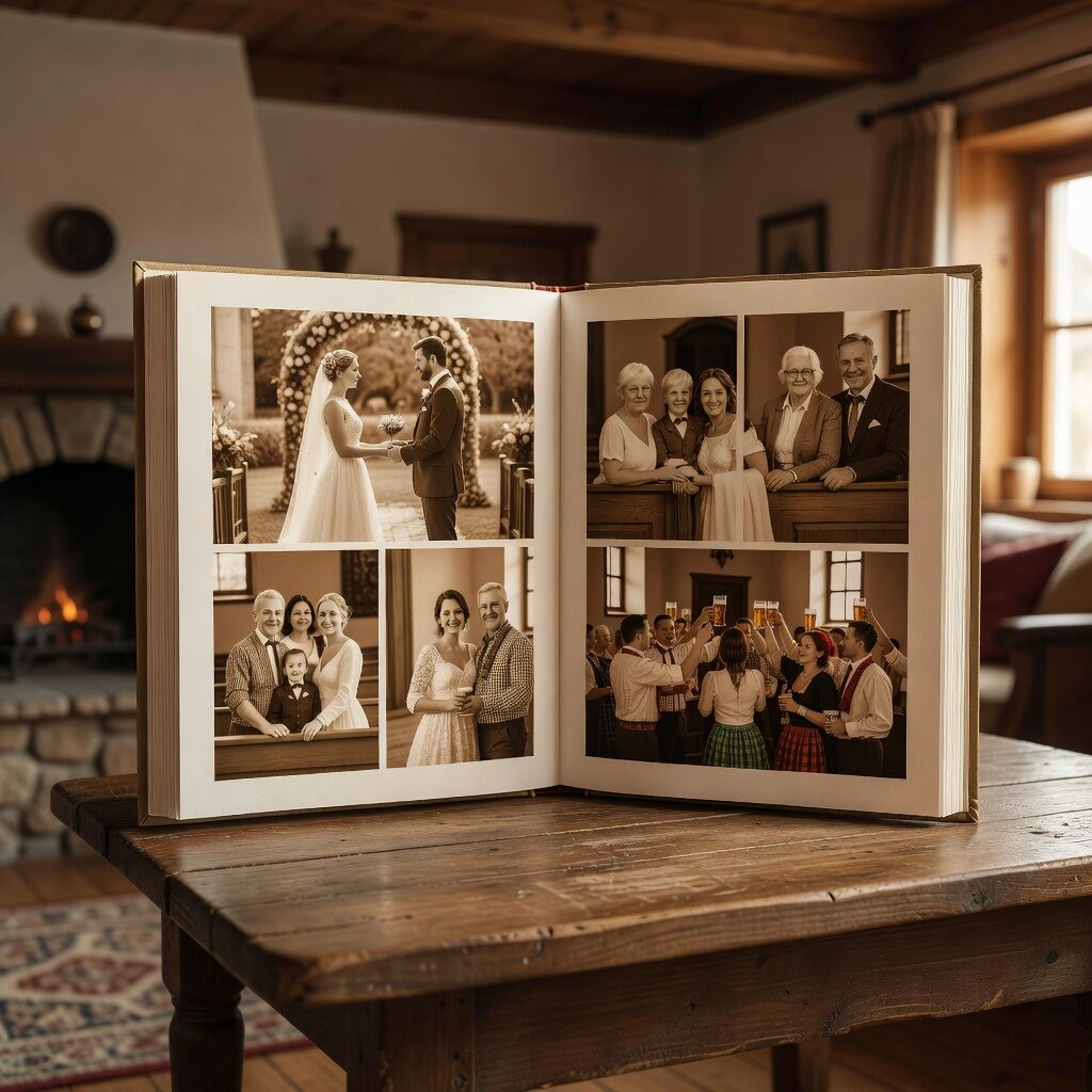 Otevřená fotokniha s rodinnými fotografiemi na dřevěném stole v teplém světle